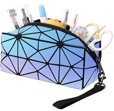 cute pencil pouch with geometric design and holographic colors