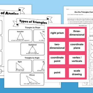Geometry Worksheet Bundle printable pages including angle and triangle reference charts, vocabulary word wall cards, and a shape bingo board