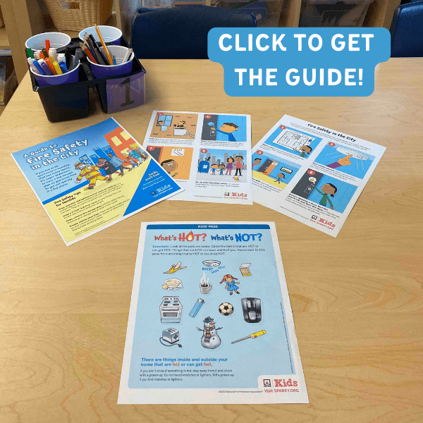 Close-up of Fire Safety in the City family guide with text 'Click to Get the Guide!'