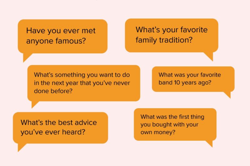 Fun get to know you questions in orange thought bubbles on a pink background