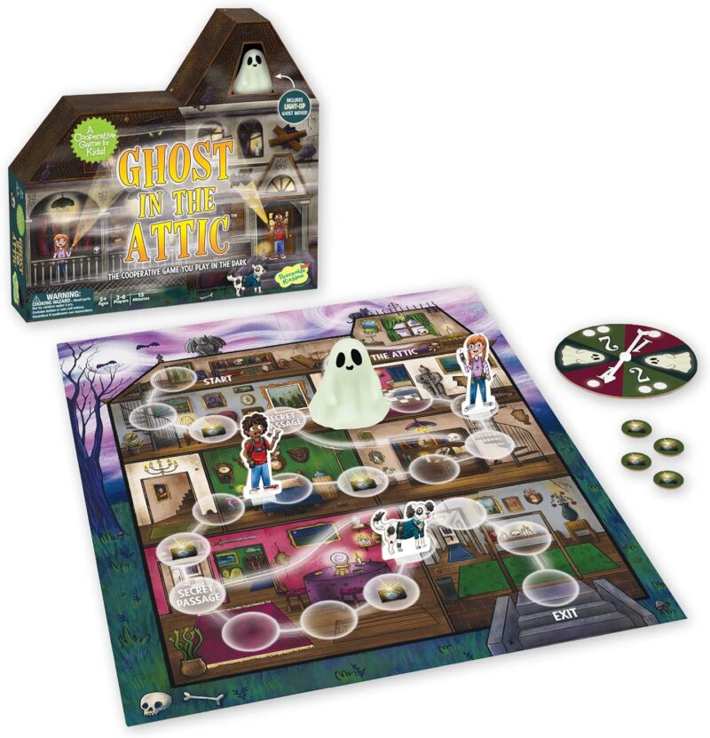 best board games for kids include Ghost in the Attic. A game box and board are shown. The game box is shaped like a haunted house.