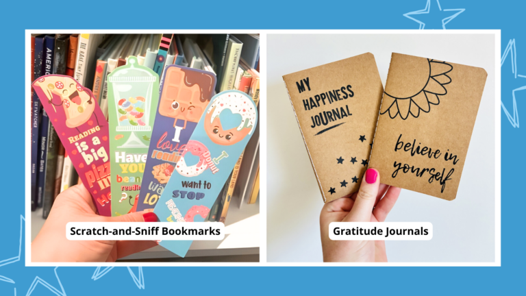 two types of gift ideas for students that feature scratch-and-sniff bookmarks and gratitude journals