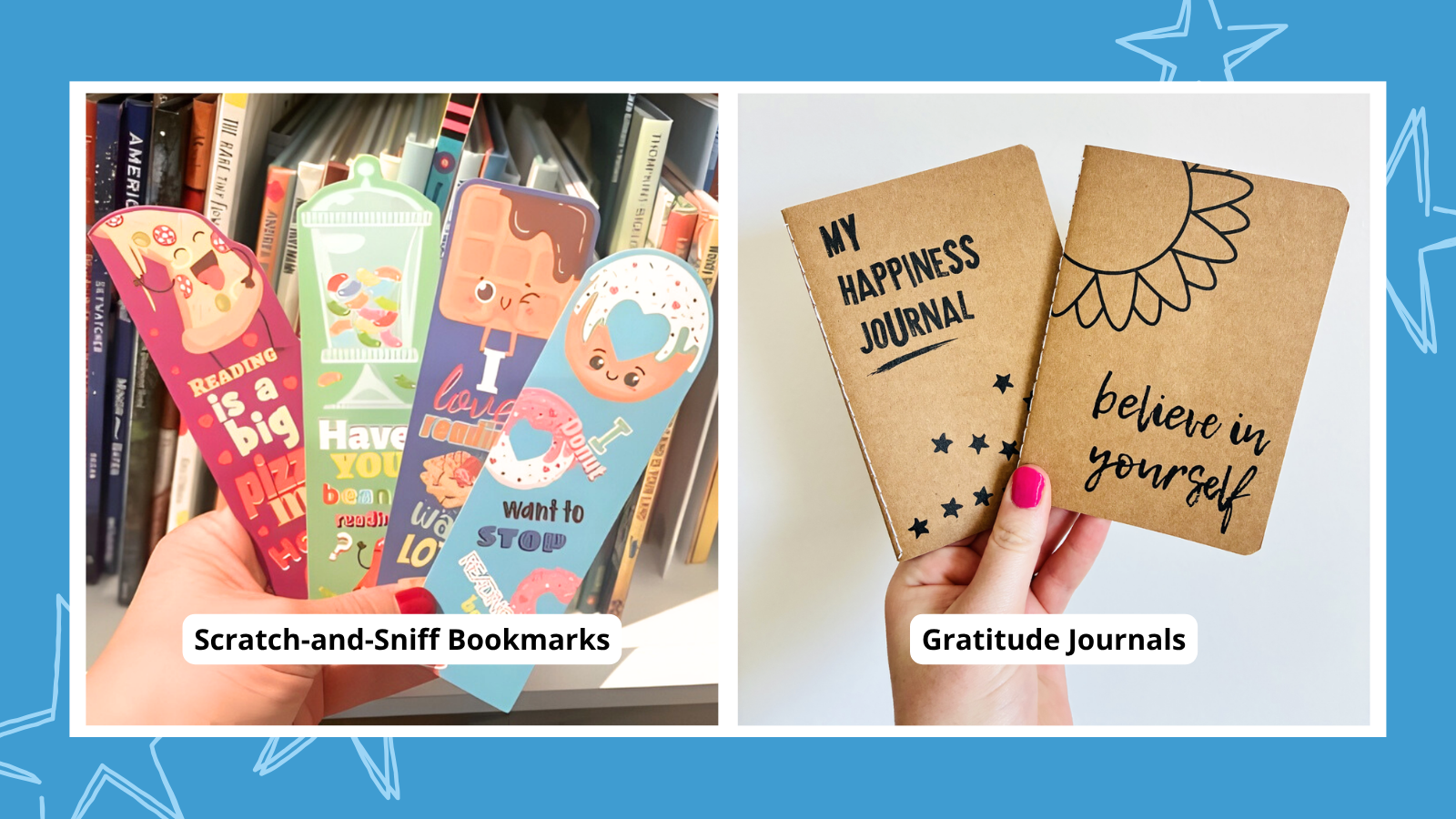 two types of gift ideas for students that feature scratch-and-sniff bookmarks and gratitude journals