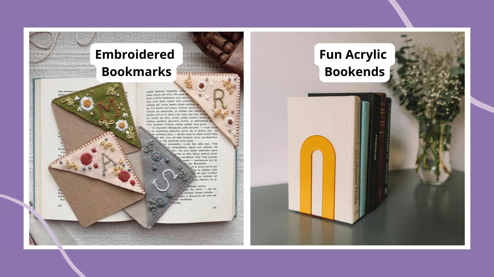 Paired photo of embroidered personalized bookmarks and acrylic bookends, as examples of the best gifts for librarians