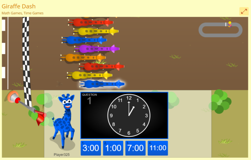 A cartoon giraffe and clock are shown in a screenshot from this example of telling time games.
