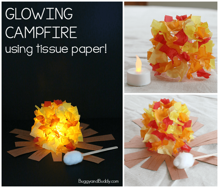 Summer camp activities are often centered around campfires like this pretend campfire craft made from paper, tissue paper, and a tealight.