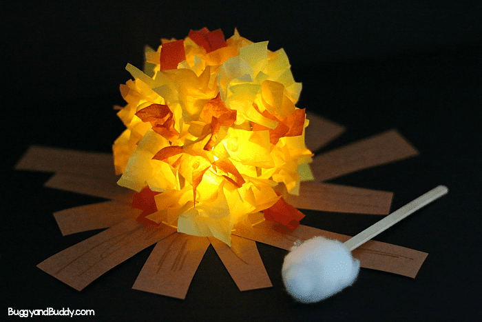 A pretend campfire is shown. Red, yellow, and orange tissue paper make up the flames and brown construction paper makes the logs. A pretend marshmallow is made from a cotton ball. Camping Classroom Theme