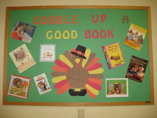 board with "gobble up a good book" written on it