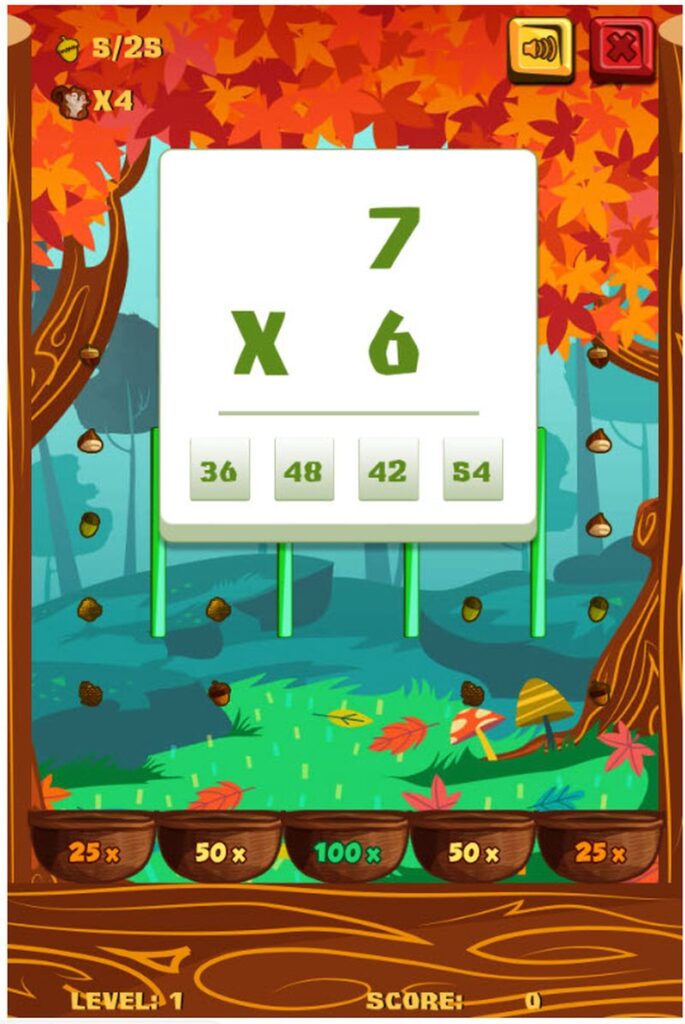 Multiplication facts practice game with a squirrel and nuts theme