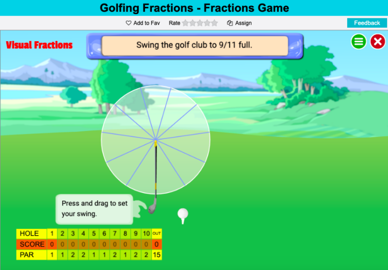 Main screen image of online fraction game Golfing Fractions