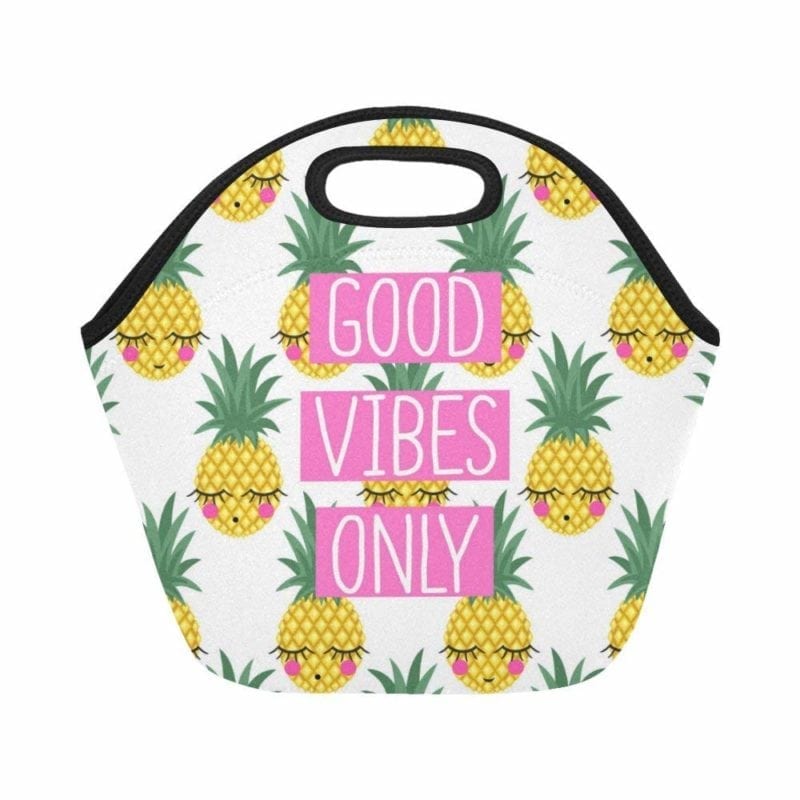 good vibes only Neoprene lunch bag with pineapples and "good vibes only" on it