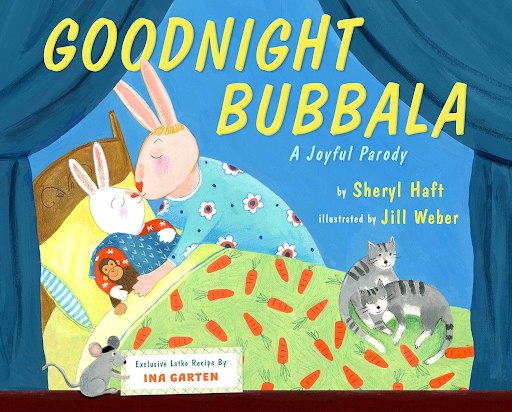 Goodnight Bubbala book cover-rabbit mom tucking her child into bed with two cats- Hanukkah books
