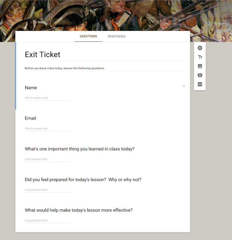 A screen shot of what Google Forms exit tickets look like