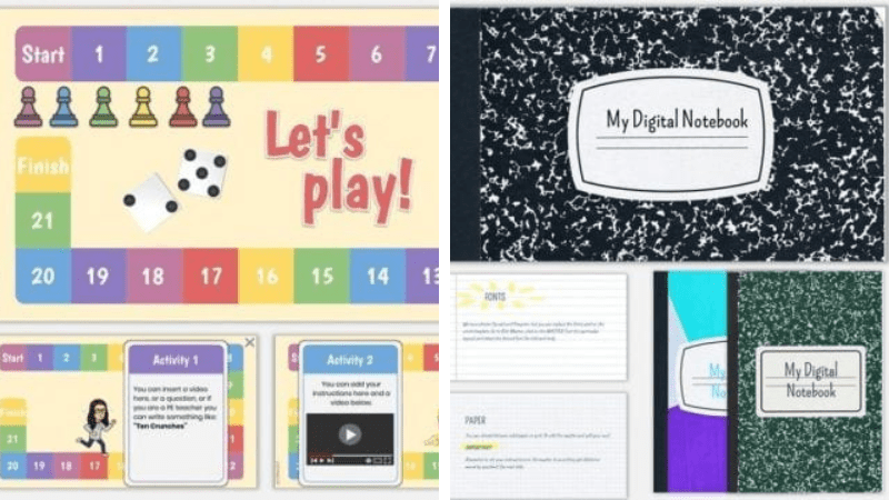 Google slides templates and themes examples including a digital game board and a digital writing notebook.