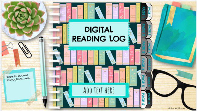 Digital Reading Log template with a pastel bookshelf theme