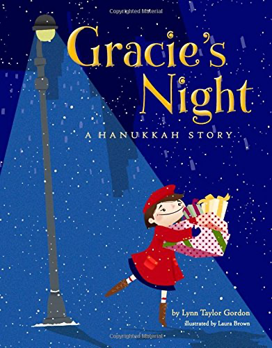 Gracie's Night book cover- Hanukkah books- girl holding gifts standing under a lamp pole on a lightly snowy night