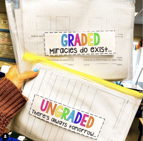 Instagram-worthy teacher hacks include these two pouches - one that says Graded Miracles Do Exist and one that says ungraded There's always tomorrow.