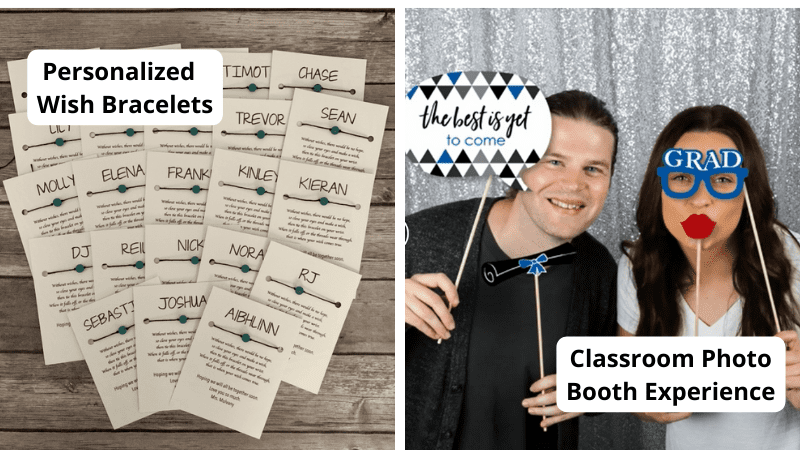 Graduation gifts for high school seniors from teachers, including personalized wish bracelets on wooden background and two high school students holding photo booth props for classroom photo booth experience