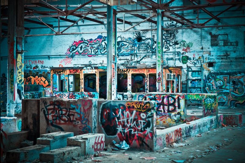 Abandoned warehouse with graffiti on the walls