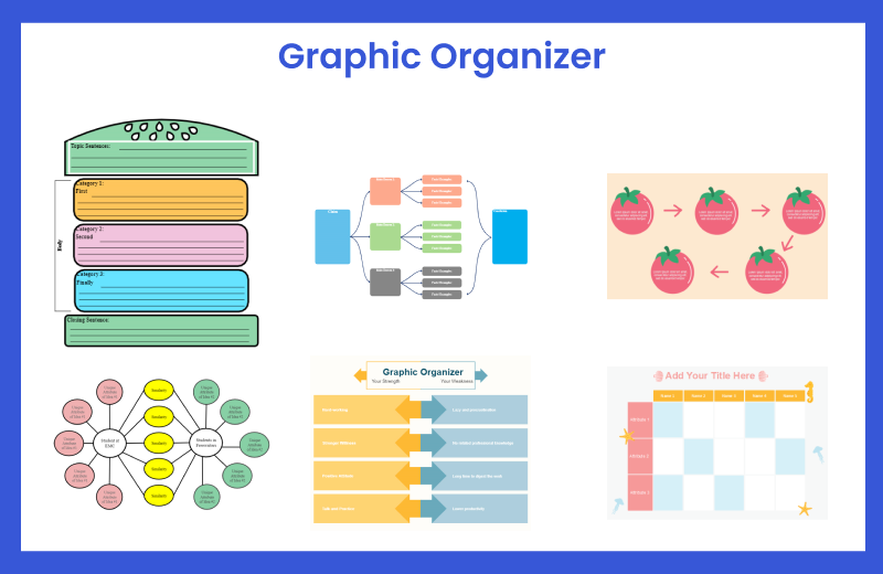 various graphic organizers including hamberger, web, compare and contrast. 