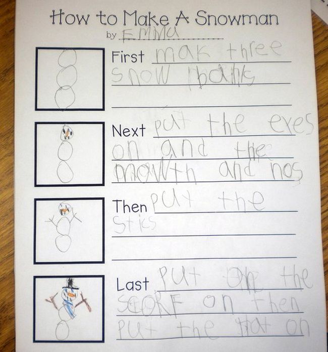 Sequencing organizer laying out the steps to build a snowman