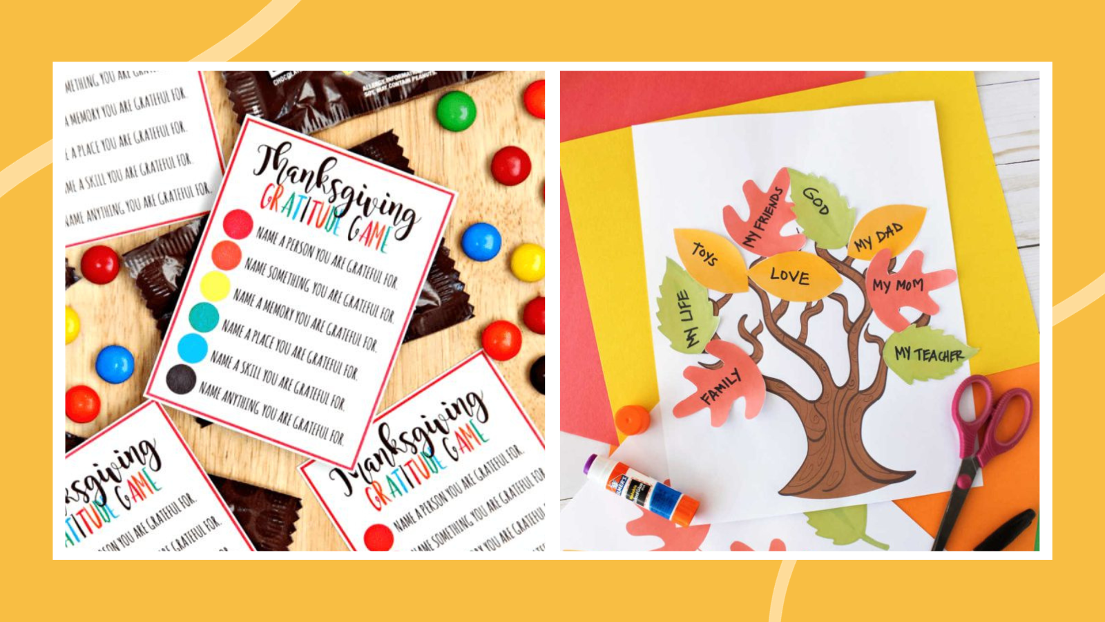 Examples of meaningful gratitude activities for kids, including M&M Gratitude Game and gratitude tree art project.