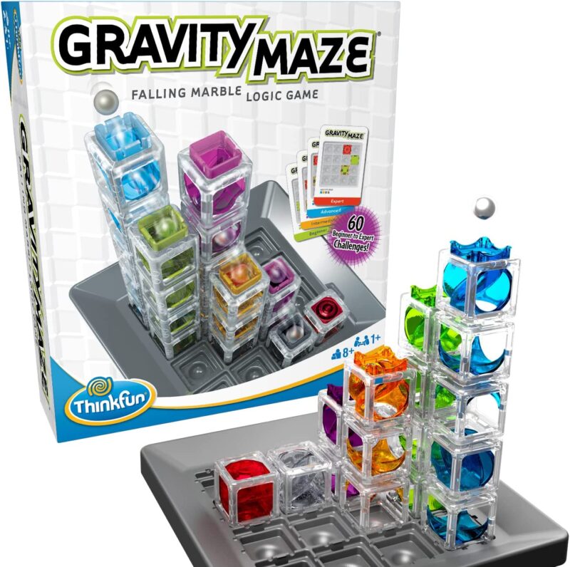A box says Gravity Maze. Clear cubes with hints of blue, orange, red, and purple, are configured together to form a maze. 