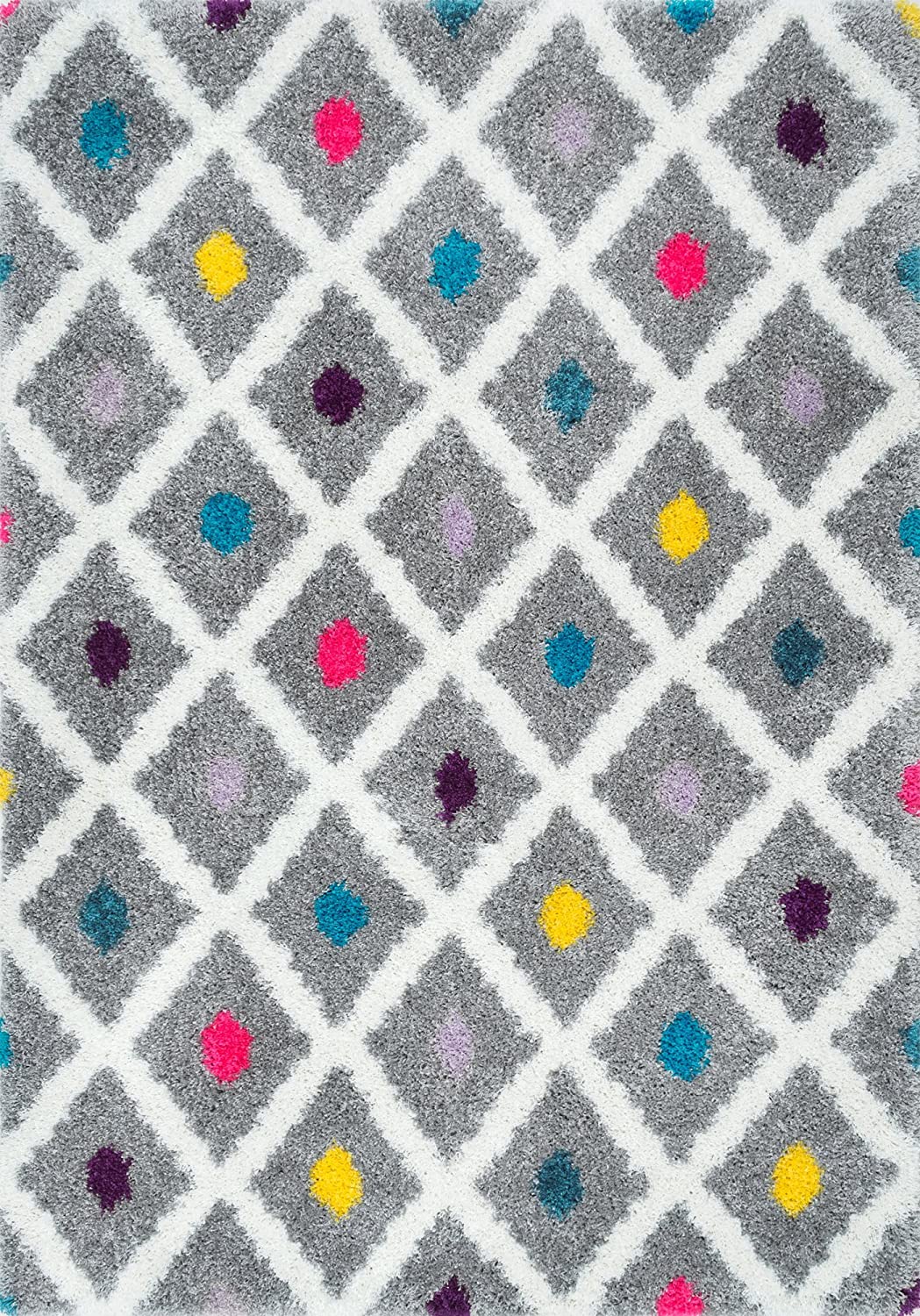 Grey rug with diagonal white lines and colorful dots.