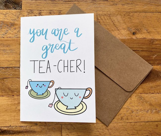 Cartoon tea cups on teacher greeting card