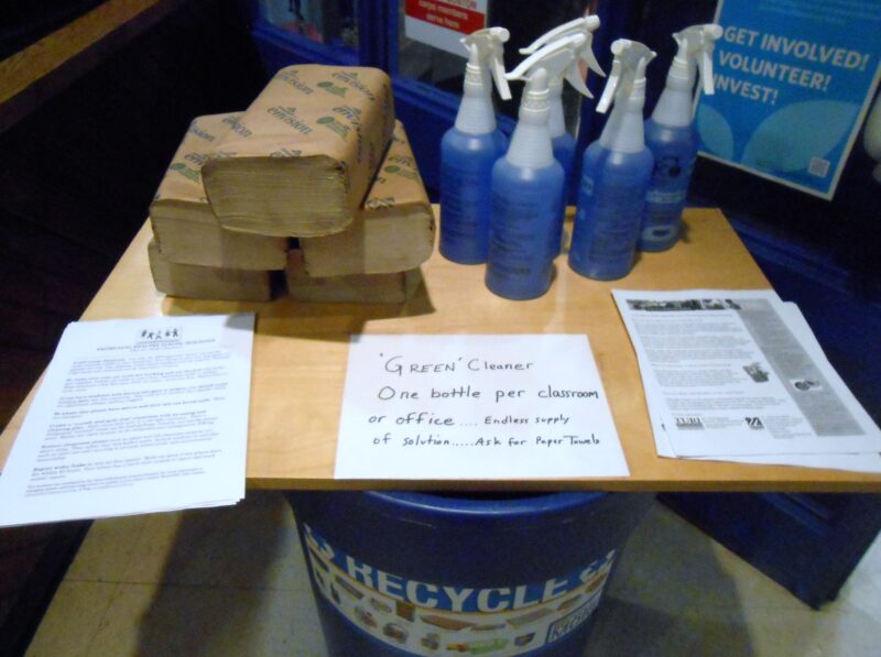 paper towels and cleaning bottles on a table 