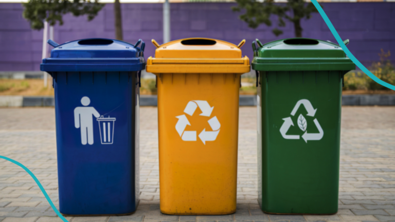 Trash barrel and recycling barrel outside at school.