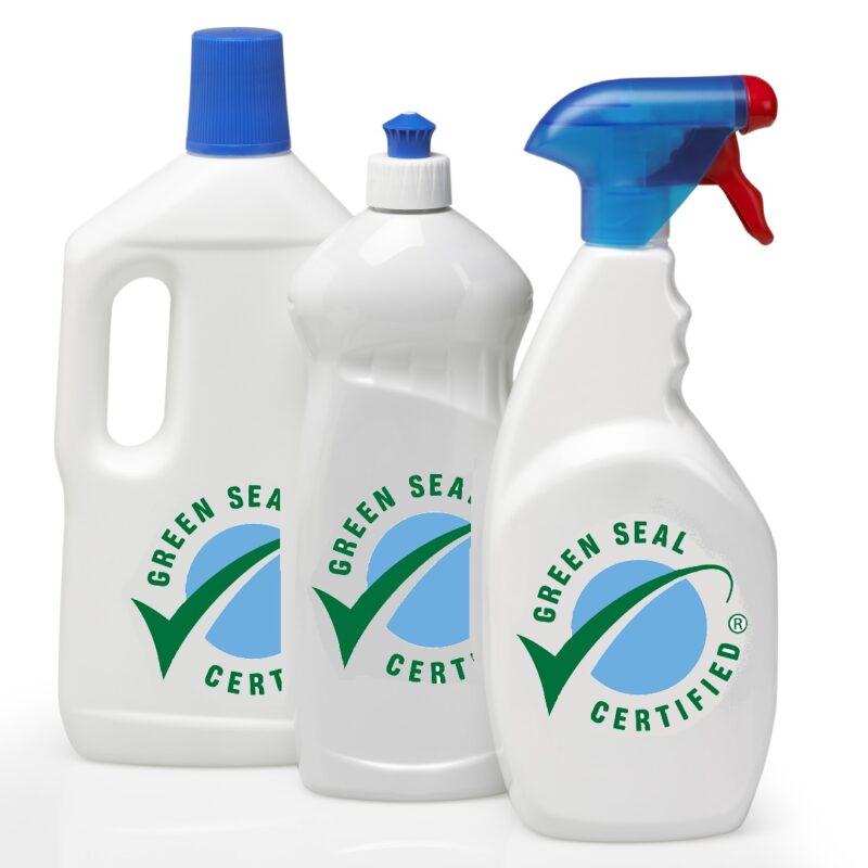 cleaning bottles with green seal certified written on them 