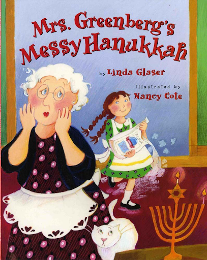 Mrs. Greenberg's Messy Hanukkah book cover- girl and elderly neighbor with a bag of flour in hand and a menorah and cat