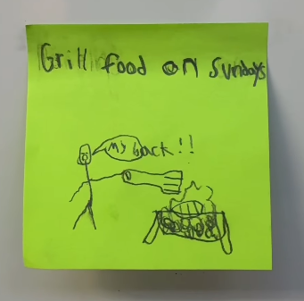 This Teacher Asked His Students What People In Their 40s Do For Fun, And We’re Dying (Maybe Literally) Student illustration on Post-It of what people in their 40s do for fun
