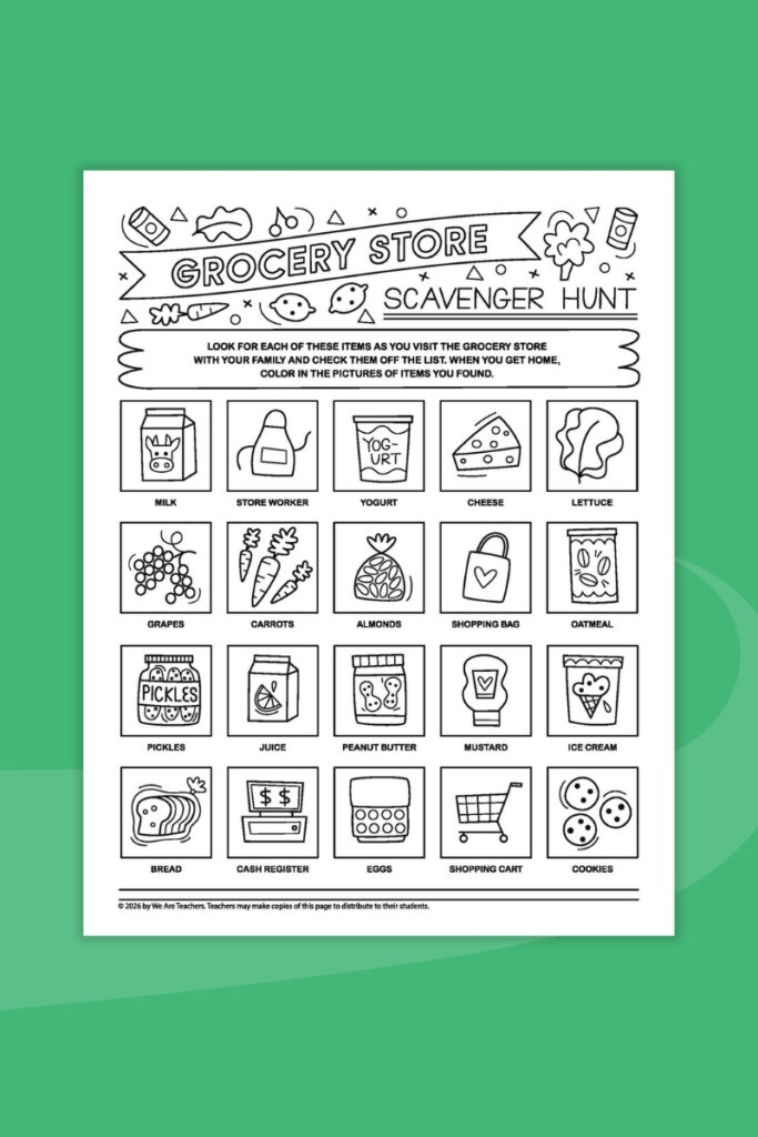 Grocery Store Scavenger Hunt Flay lay of a printable grocery store scavenger hunt on a green background