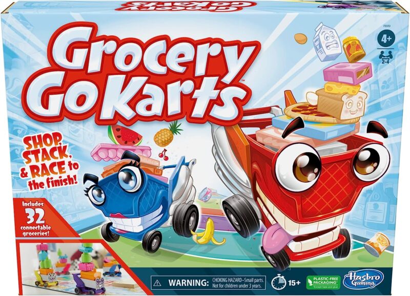 Two cartoon carts with faces are shown on a game box and text reads Grocery Go Karts.