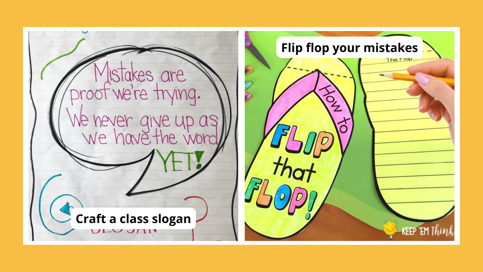 Collage of growth mindset activities including a class slogan and flip flop mistakes