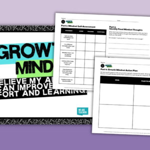 Growth mindset activities and posters bundle showing a classroom poster alongside student self-assessment and action plan worksheets