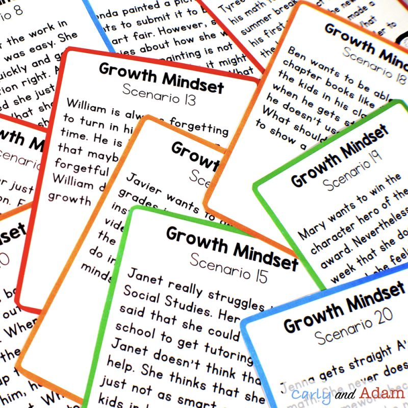 Cards with examples of growth and fixed mindset scenarios