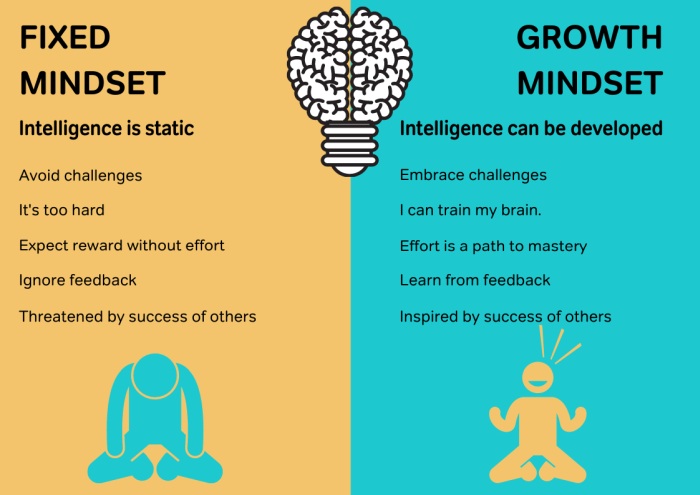 Infographic comparing the traits of a growth mindset vs fixed mindset