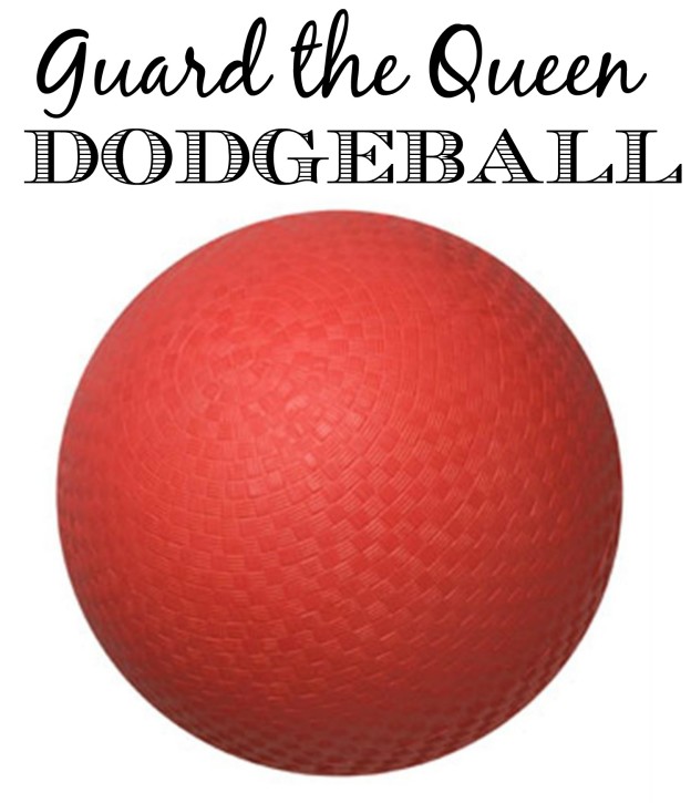 A red dodge ball is shown with the words Guard the Queen Dodgeball in black.