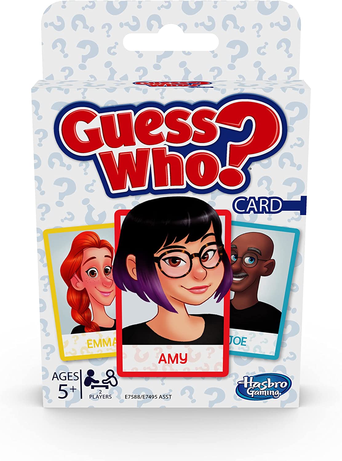 A card game box says Guess Who in red letters. Cards are shown that have pictures of cartoon people and their names.