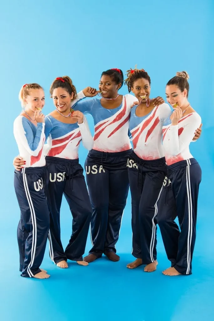 Teacher Halloween costumes include five women are dressed as U.S. Olympian gymnasts.