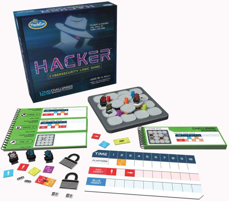 A black box has a picture of a spy on it and says Hacker. A game board and pieces are also shown.