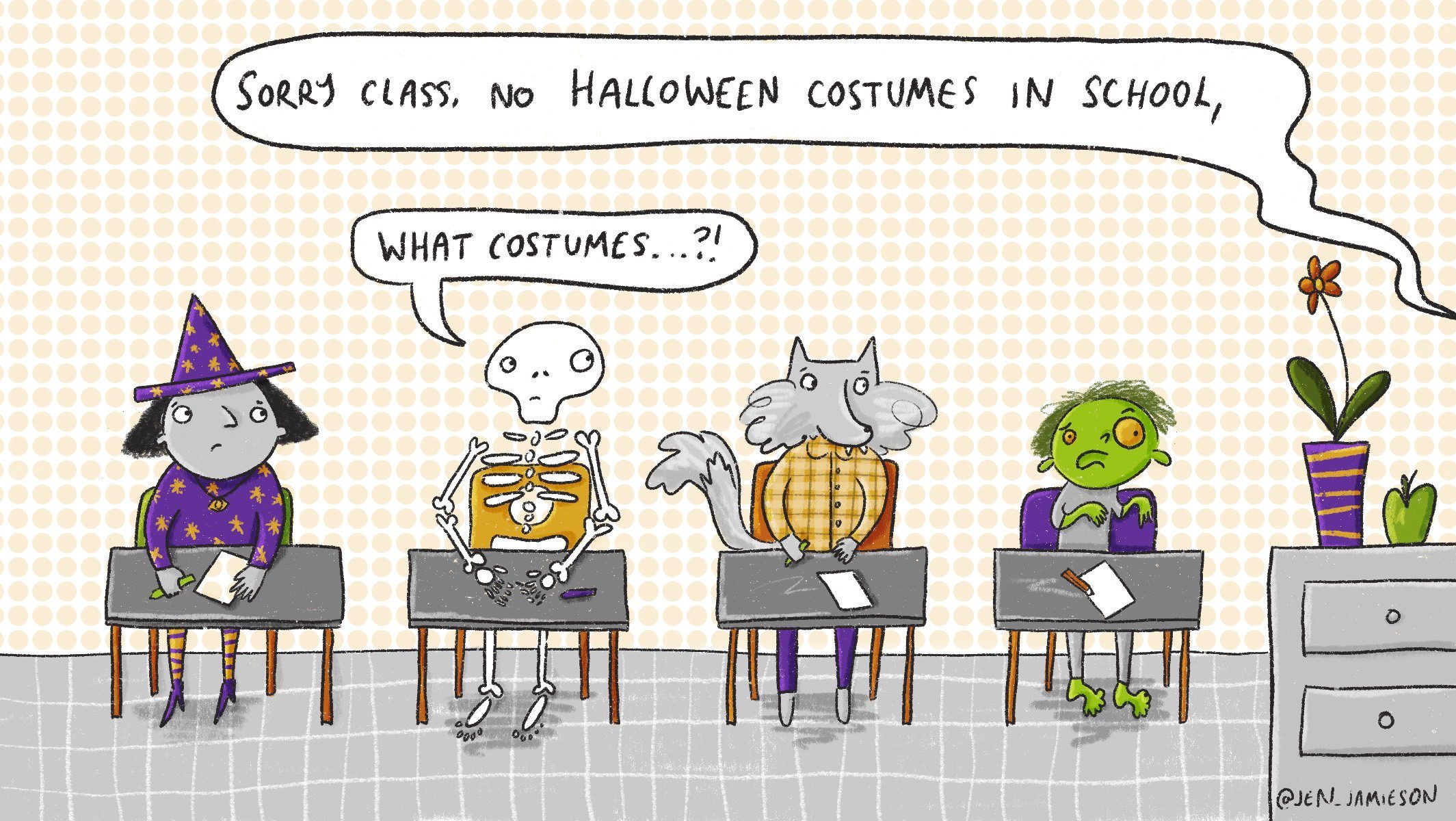 Illustration of witch, skeleton, werewolf, and zombie students saying 'What costumes...?!'