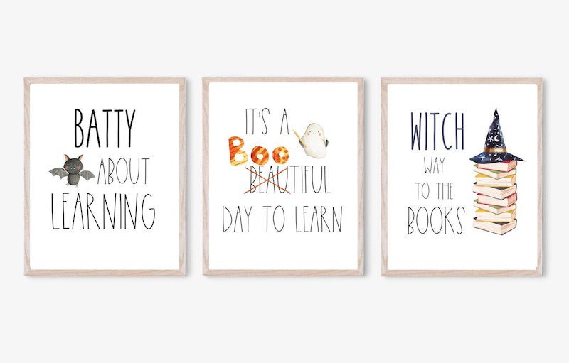 Halloween wall art with pun-inspired phrases, as an example of classroom decor for Halloween