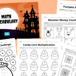 Flay lay of Halloween math worksheet and slide set