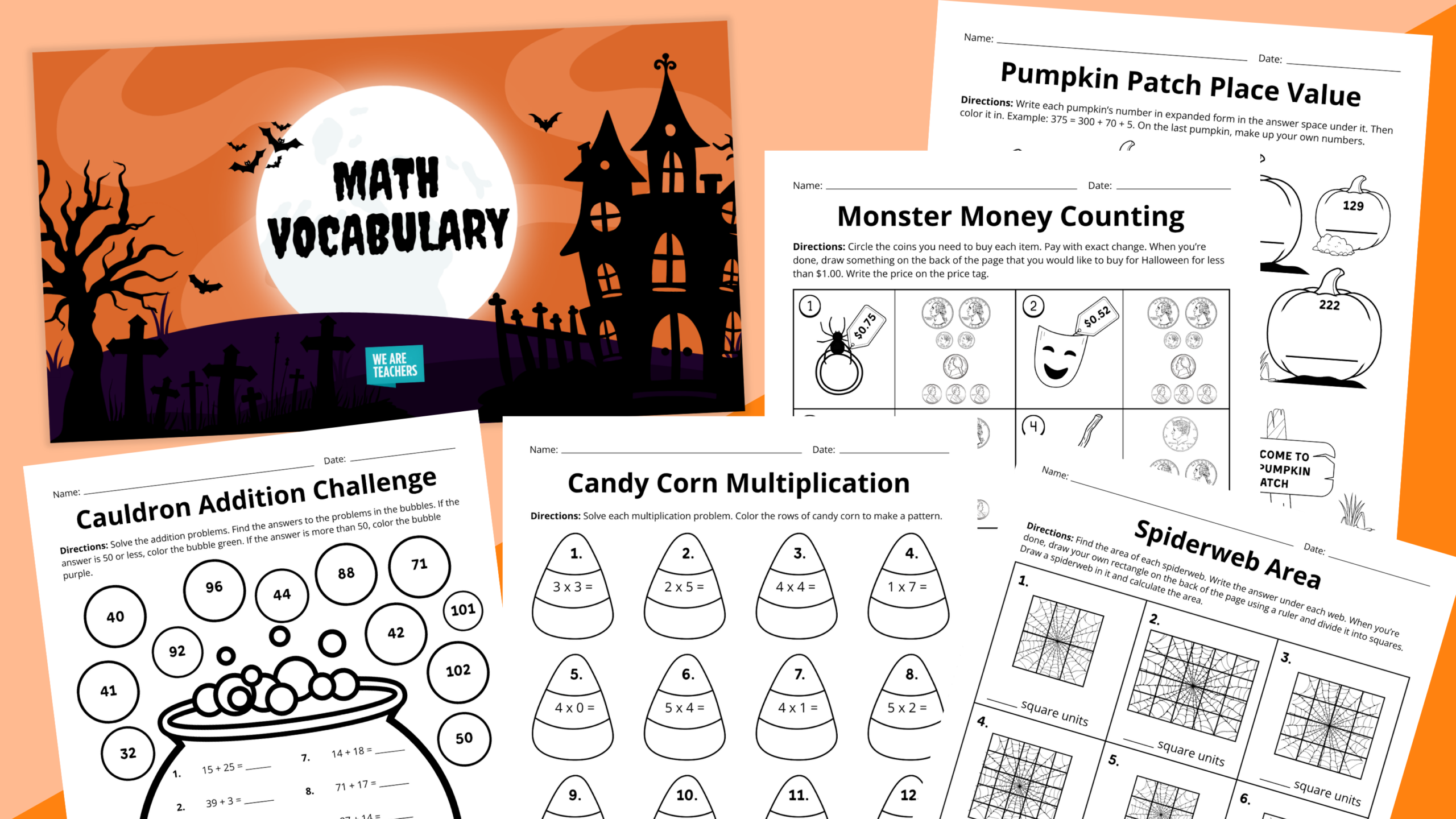 Flay lay of Halloween math worksheet and slide set