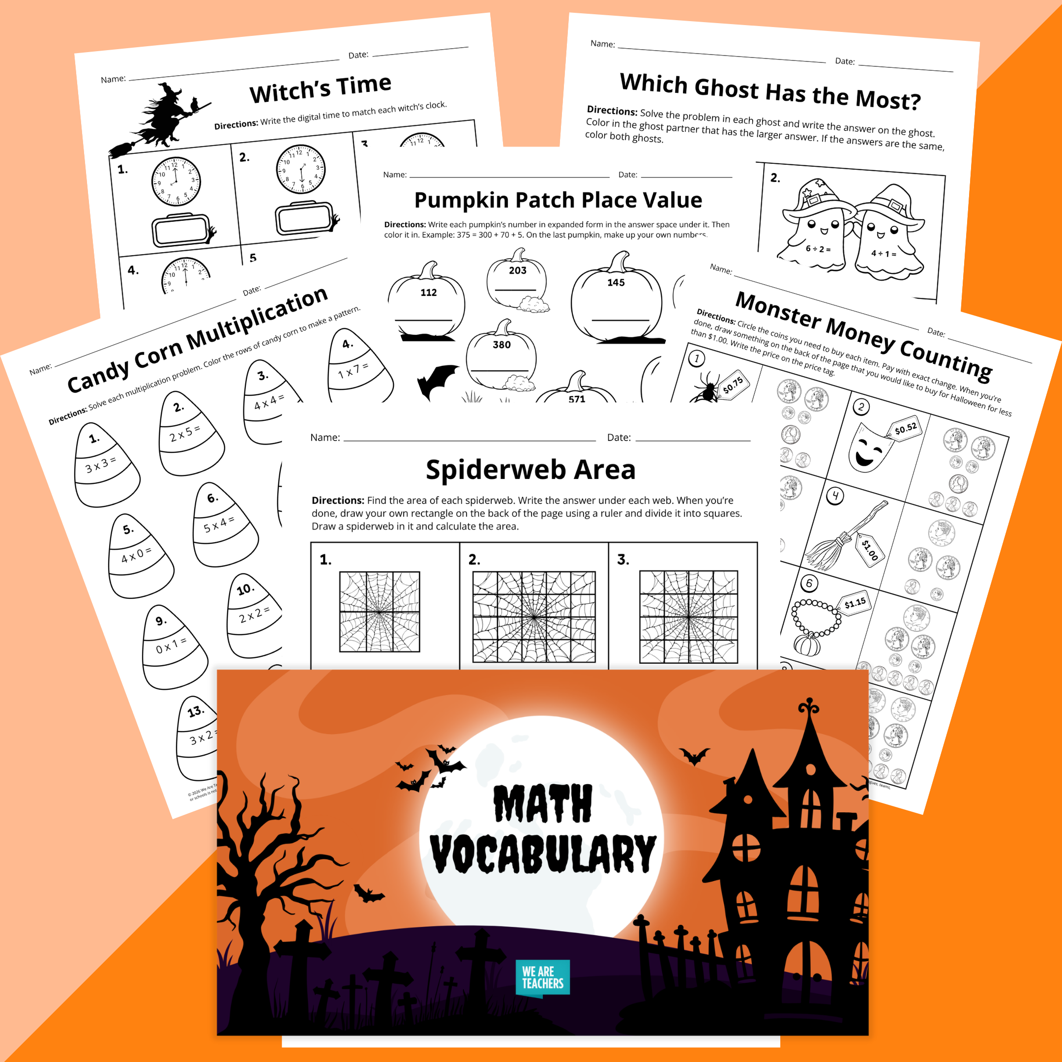 Flay lay of Halloween math worksheet and slide set