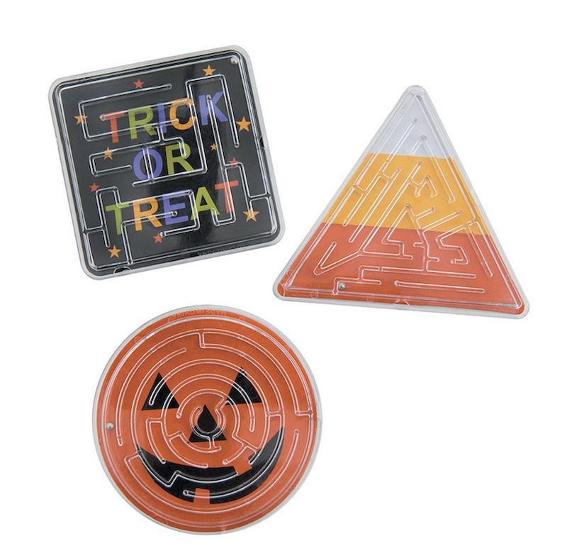 Mini mazes with Halloween pumpkin, candy corn, and "trick or treat"